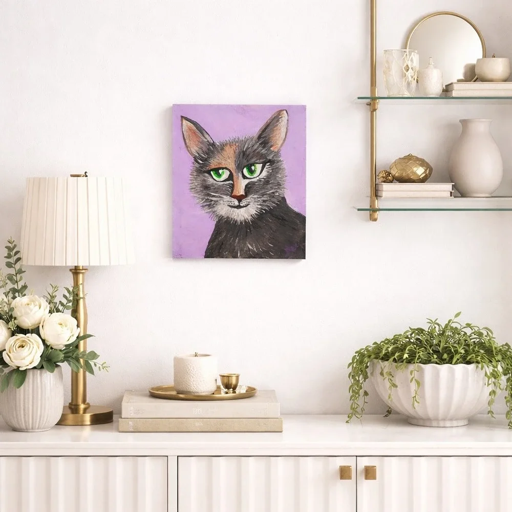 Hand Painted Whimsical Cat Canvas Board Folk Art Boho Cottagecore 16x12